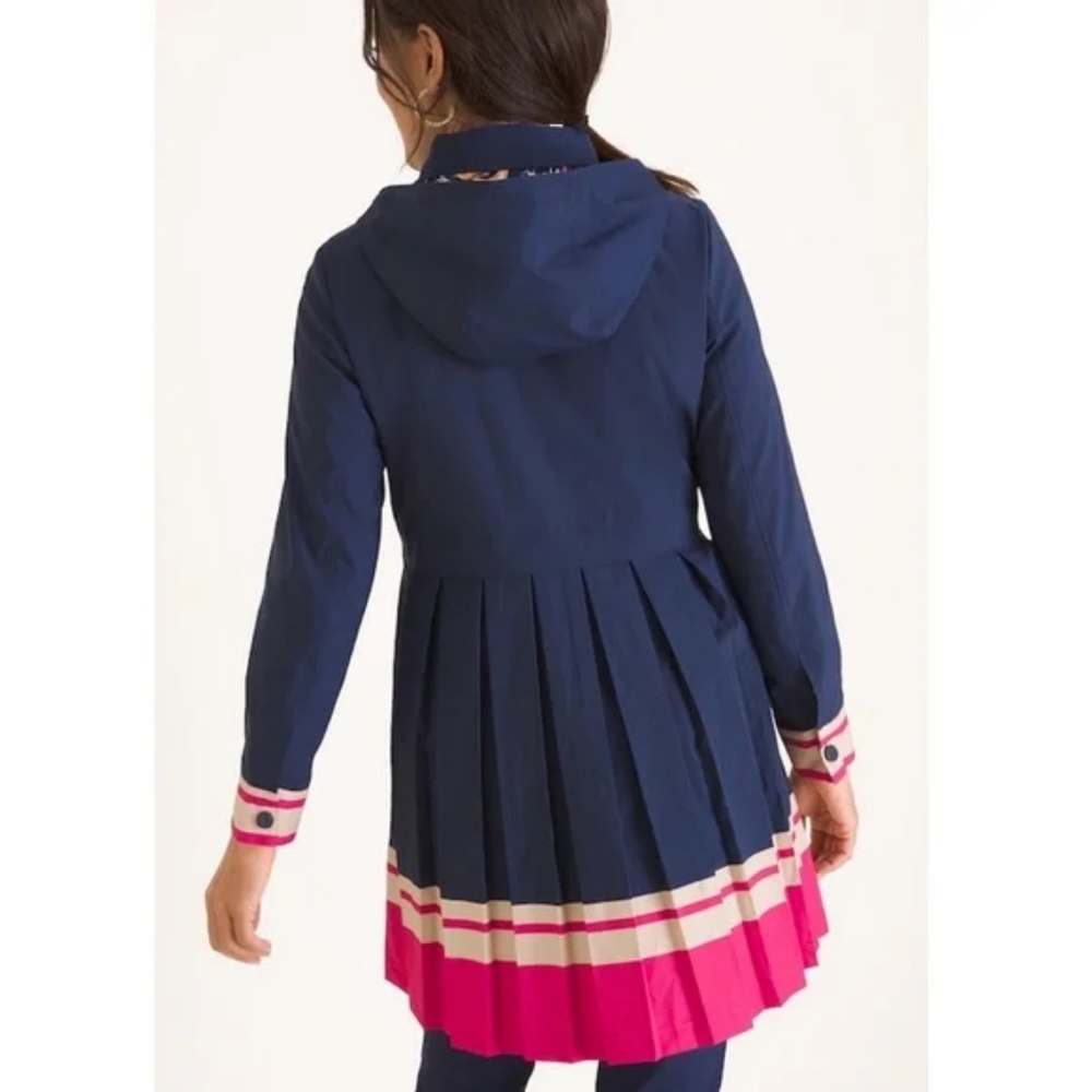 Chico’s Rain Jacket Navy Blue Pink Beige Stripes Coat, Petite Medium